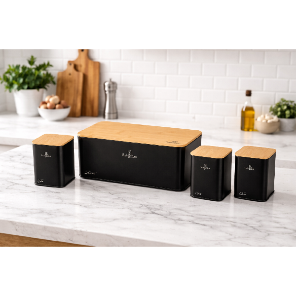 סט אחסון למטבח שחור מט עם מכסי במבוק  בעיצוב יוקרתי